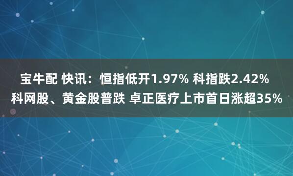 宝牛配 快讯：恒指低开1.97% 科指跌2.42% 科网股、黄金股普跌 卓正医疗上市首日涨超35%